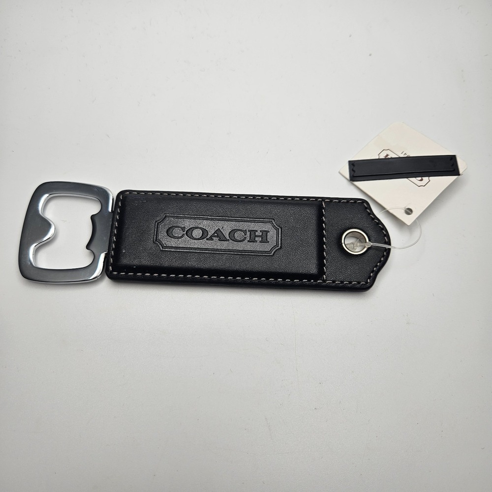 Coach Leather Bottle Opener Keychain Black Silver Tone Hardware New With Tag